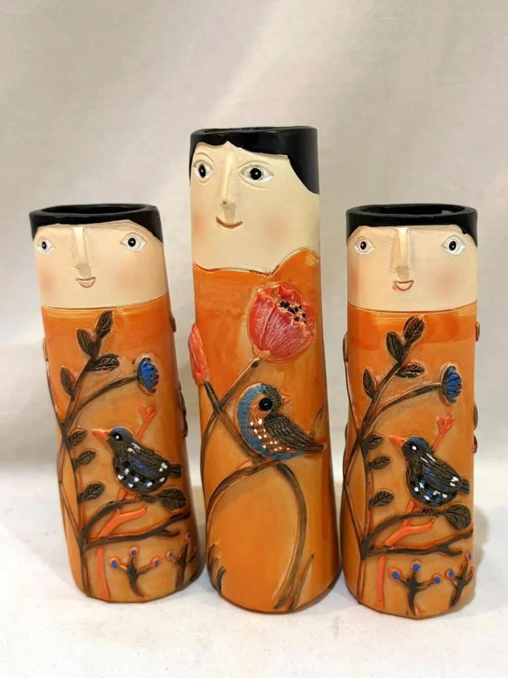 Set of 3 Spring Family Orange Bud Vases Resin Flowers & Birds Boho Style